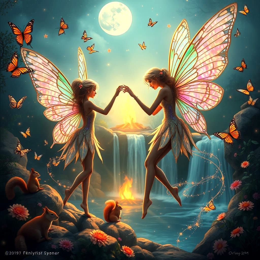 Elegant fairies with iridescent wings dancing in a surreal g...