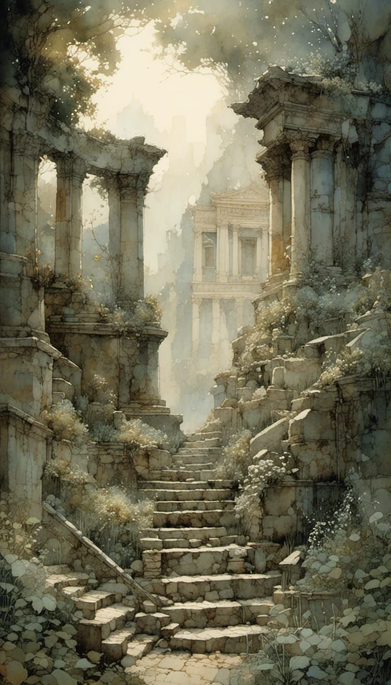 Nature Reclaims Ancient Greek Ruins in Watercolor Style