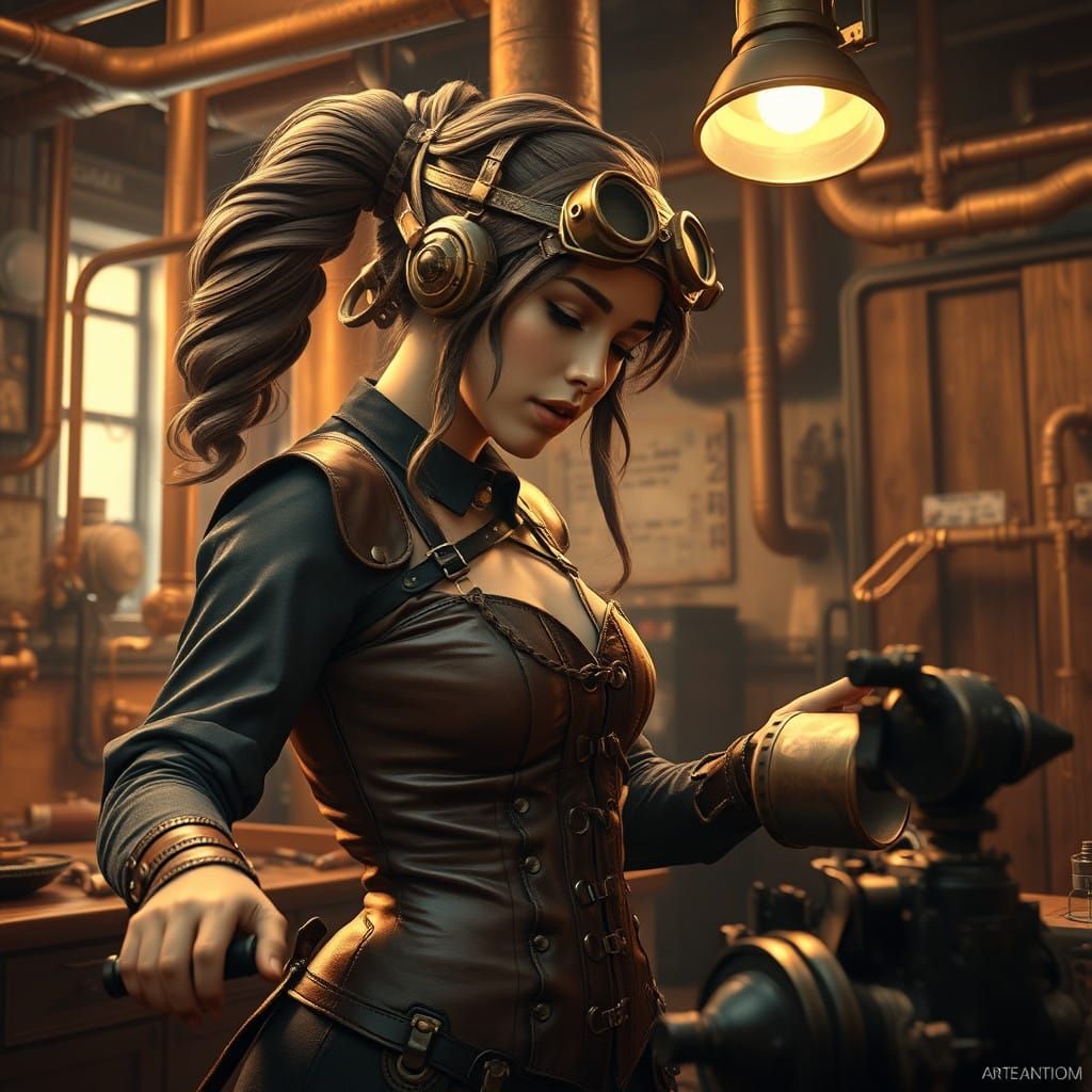 Steampunk Scientist in Industrial Workshop