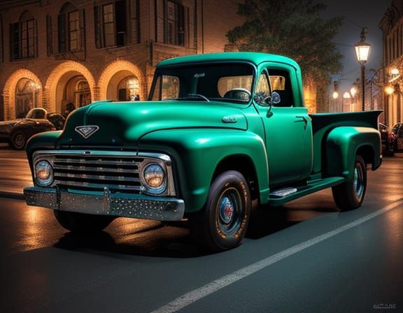 Classic Truck in City at Night in Pop Art Style