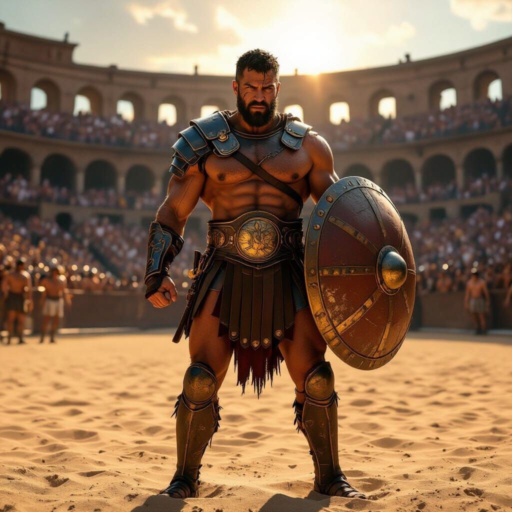 Muscular Gladiator in Roman Colosseum at Sunset