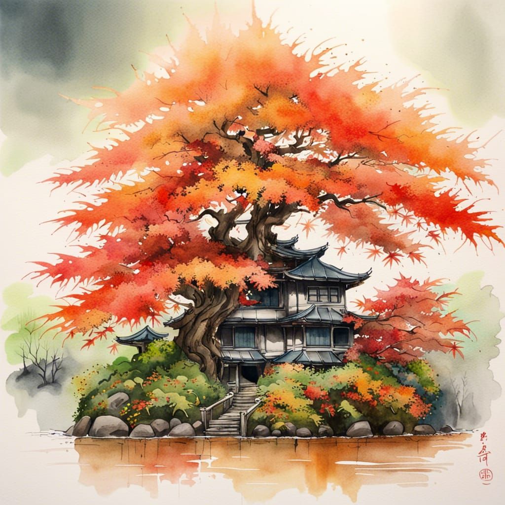 Maple Tree Overgrows Tropical Mansion Watercolor