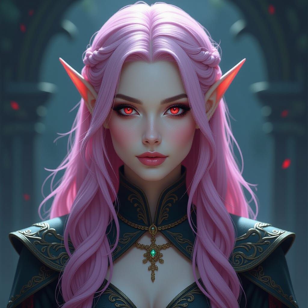 Elven Woman with Pink Hair in Fantasy Art Style