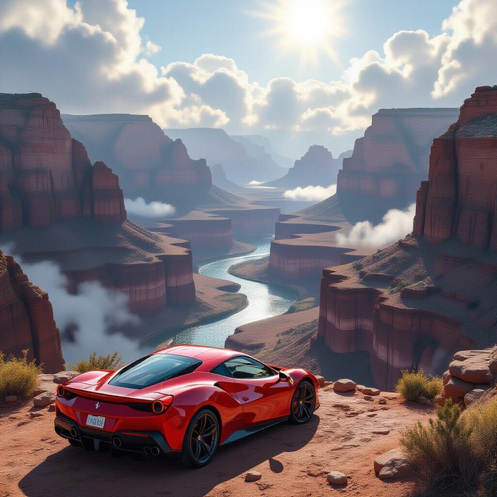 Red Ferrari at Canyon Edge in Surreal Style