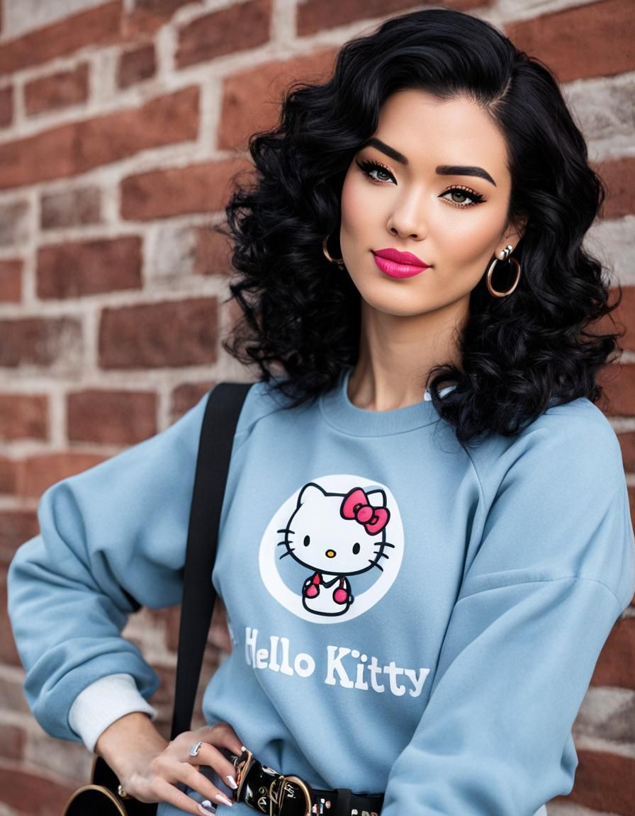 Woman in Hello Kitty Sweatshirt Posing