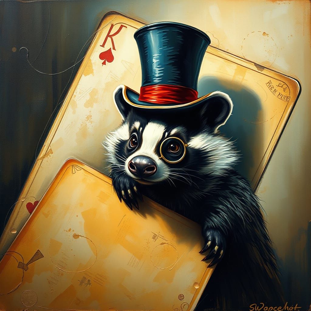 Badger in Top Hat Peers From Playing Card