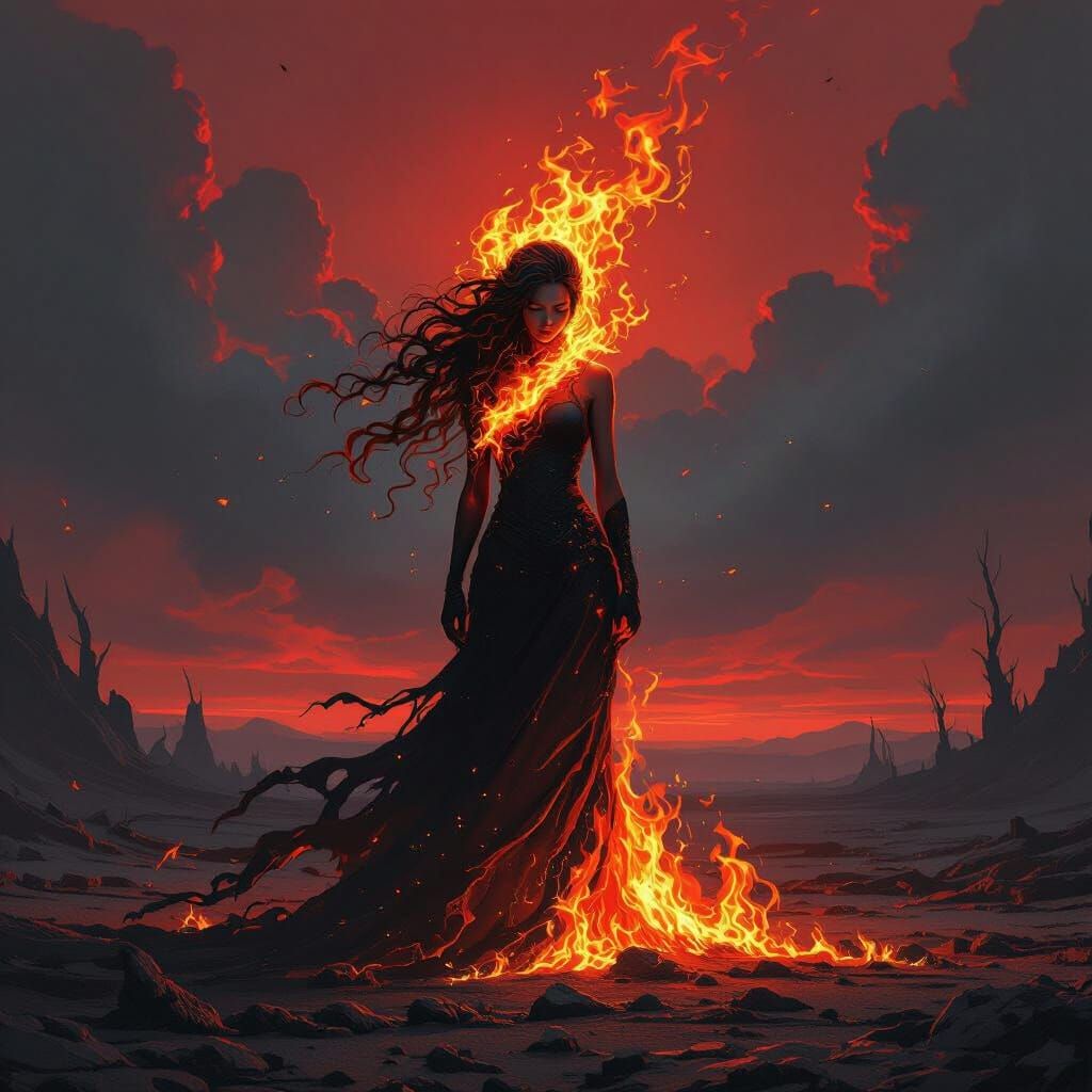 Fiery Woman in Ash-Strewn Landscape