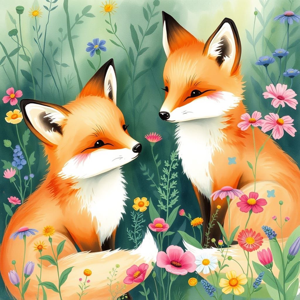 Whimsical Foxes in Watercolor Style