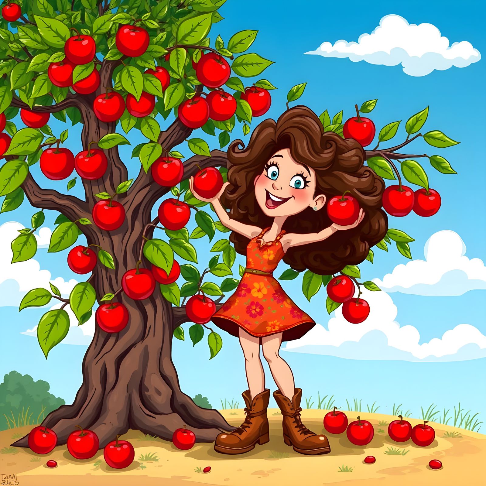 Vintage Cartoon Woman Harvests Apples from a Colorful Tree