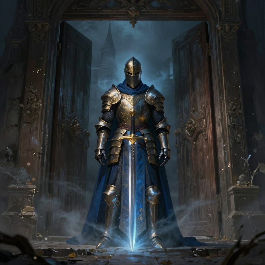 Divine Knight in Gold and Blue Armor with Ethereal Mist