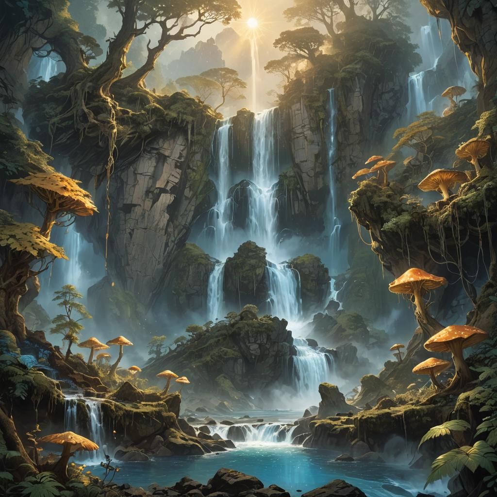 Mystical Waterfall with Bioluminescent Forest