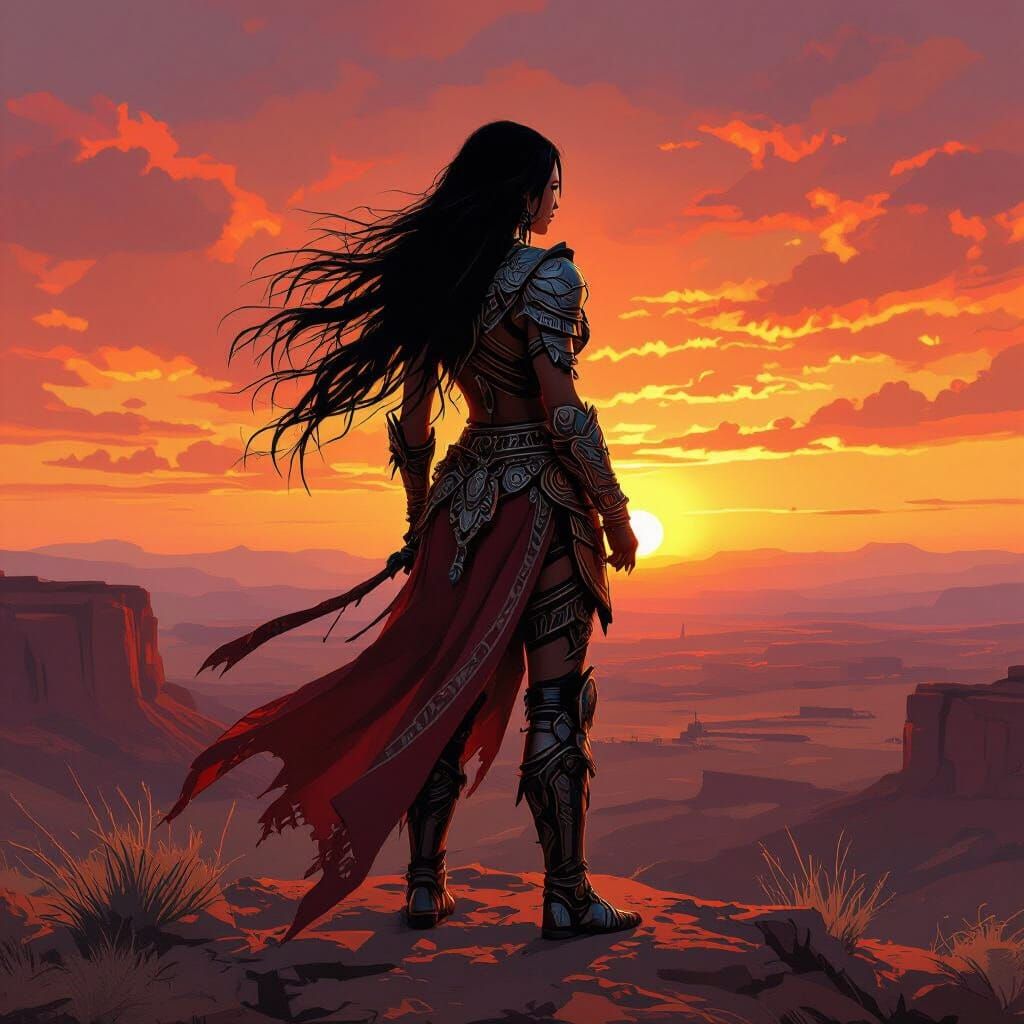 Latina Warrior at Sunset: Abstract Expressionism