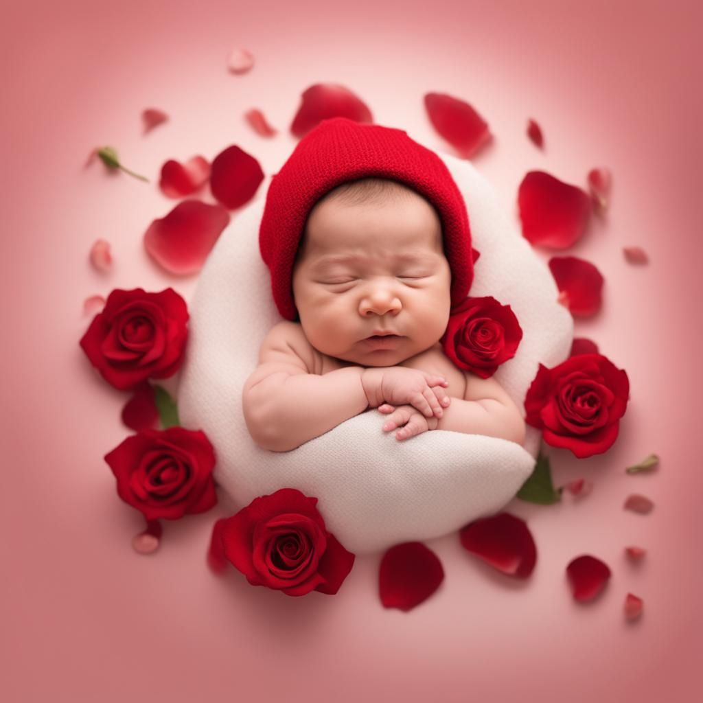 Baby Sleeping in Red Rose, Anne Geddes Style