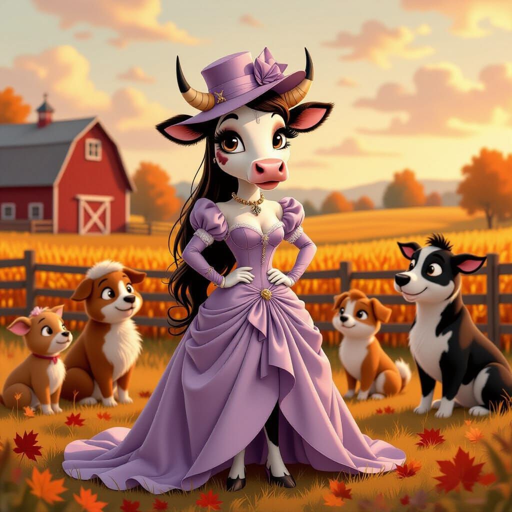 Cow Haute Couture on Autumn Farm in Inkwork Style