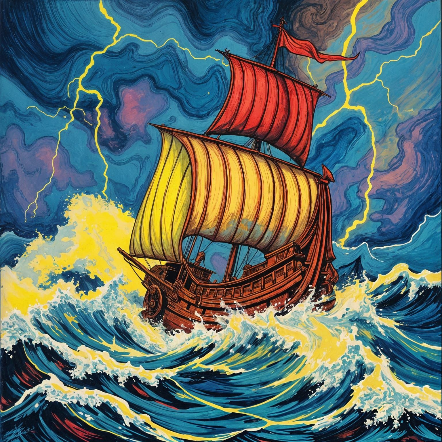 Ilustración expresionista de una carabela en la tormenta