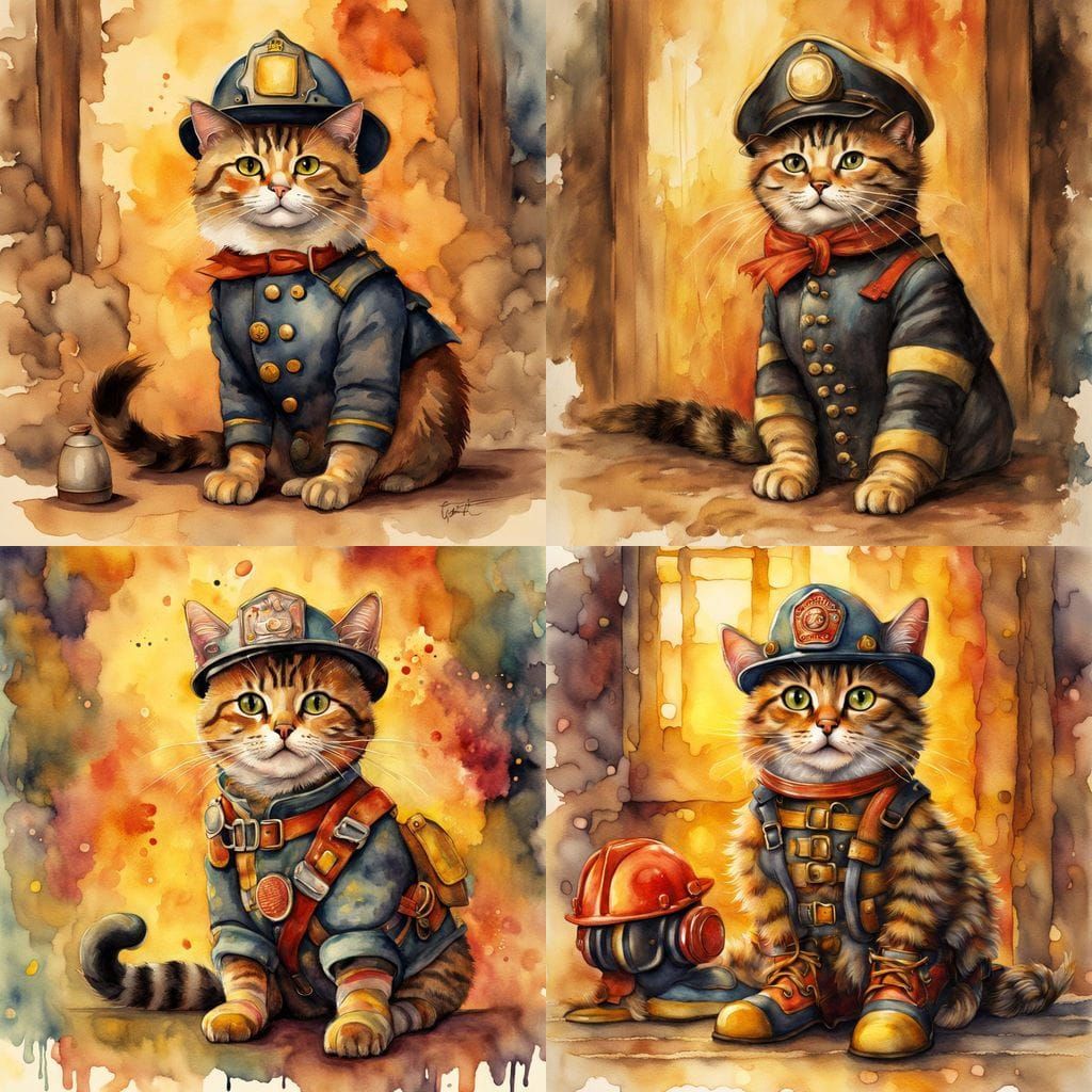 Victorian Fireman Cat in Watercolour Style