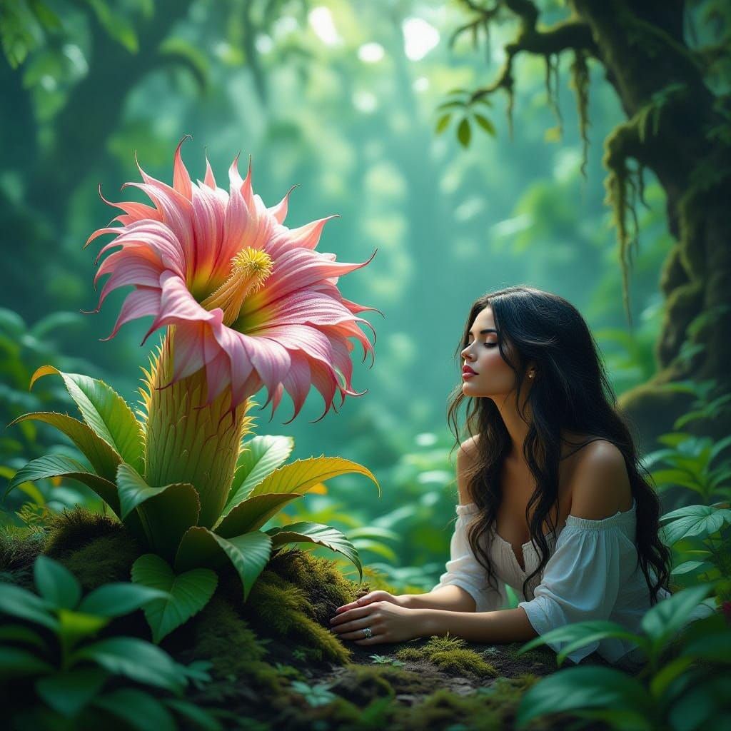 Serene Carnivorous Plant & Relaxed Woman in Lush Forest