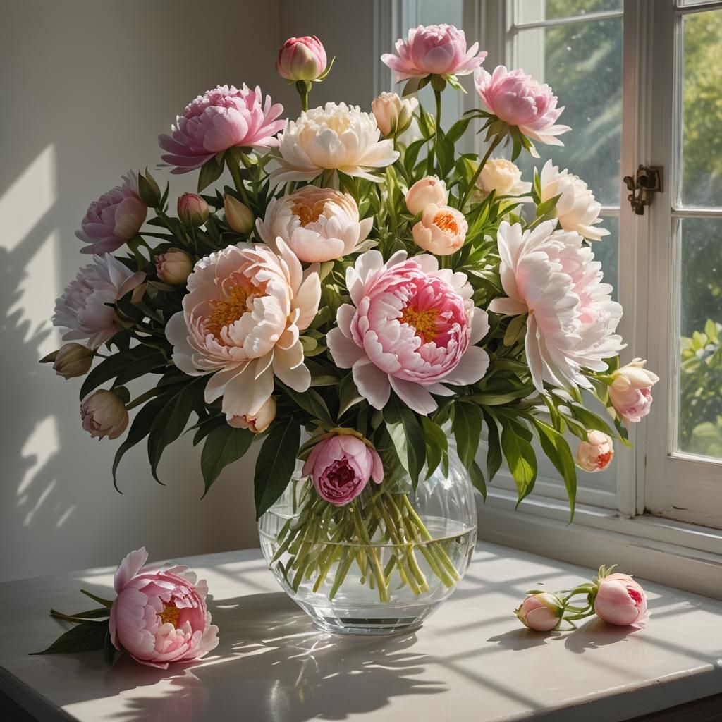 Photorealistic Still Life of Flowers in Crystal Vase