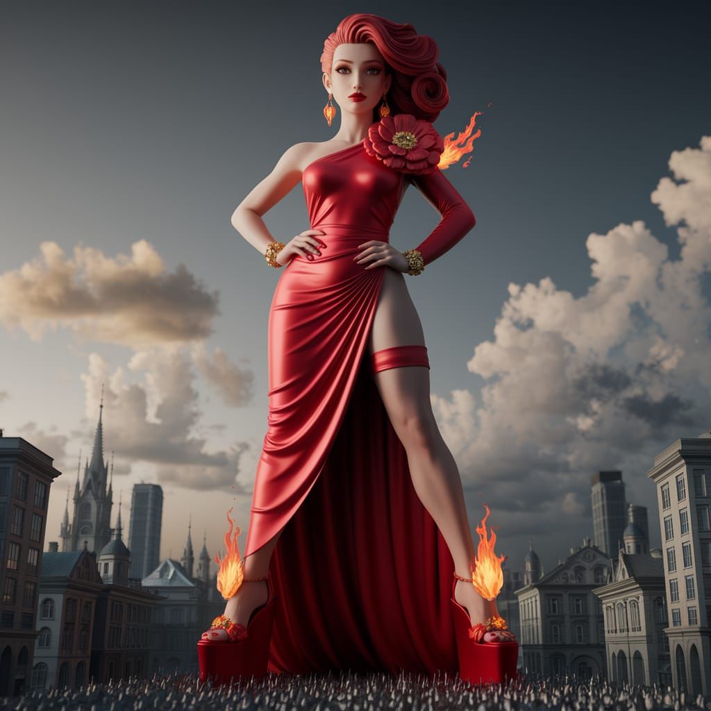 Fiery Goddess Rises Amidst Burning Metropolis