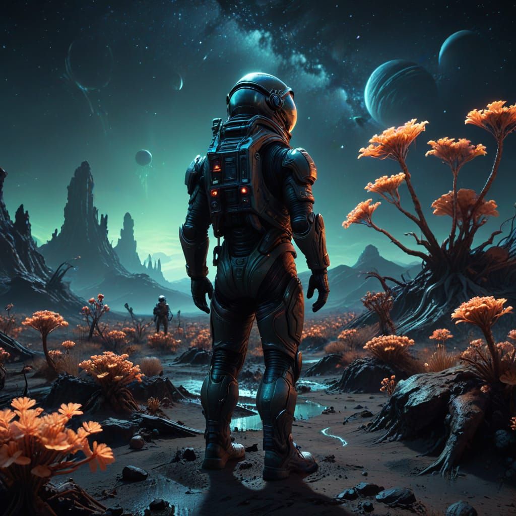 Astronaut on Alien Planet in Dystopian Surrealism Style
