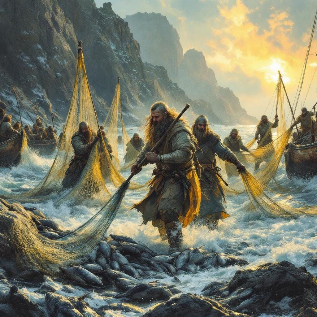 Viking Fishermen Catching Herring, Atmospheric Maritime Scen...