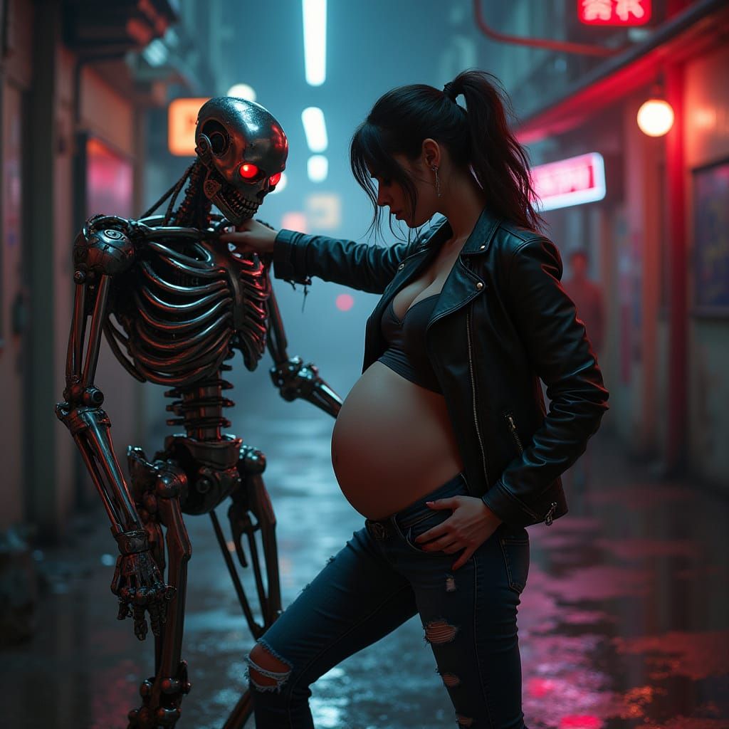 Pregnant Woman Punches Terminator in Cyberpunk Alleyway