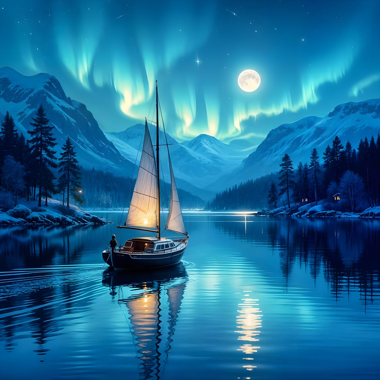 Enchanted Northern Forest Aurora Over Moonlit Lake