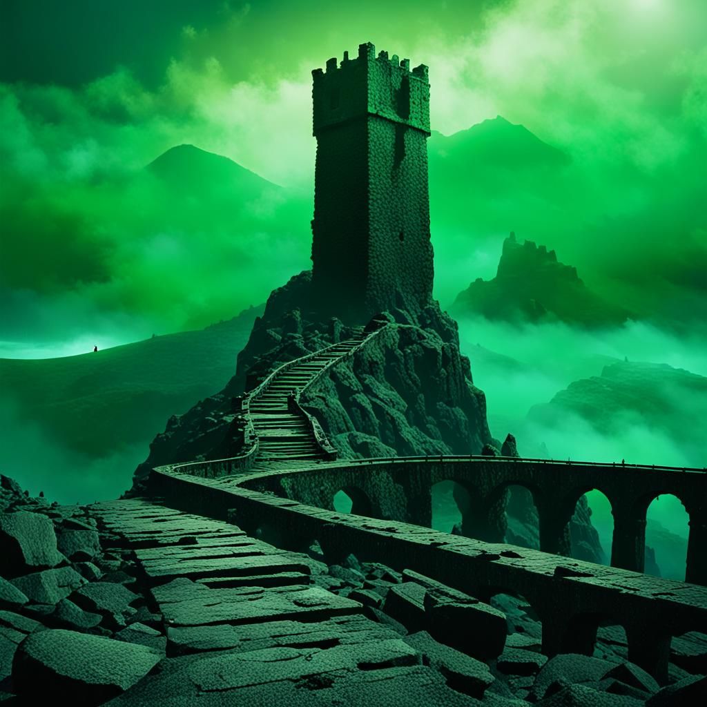 Obsidian Tower in Mist: Dark Fantasy Landscape