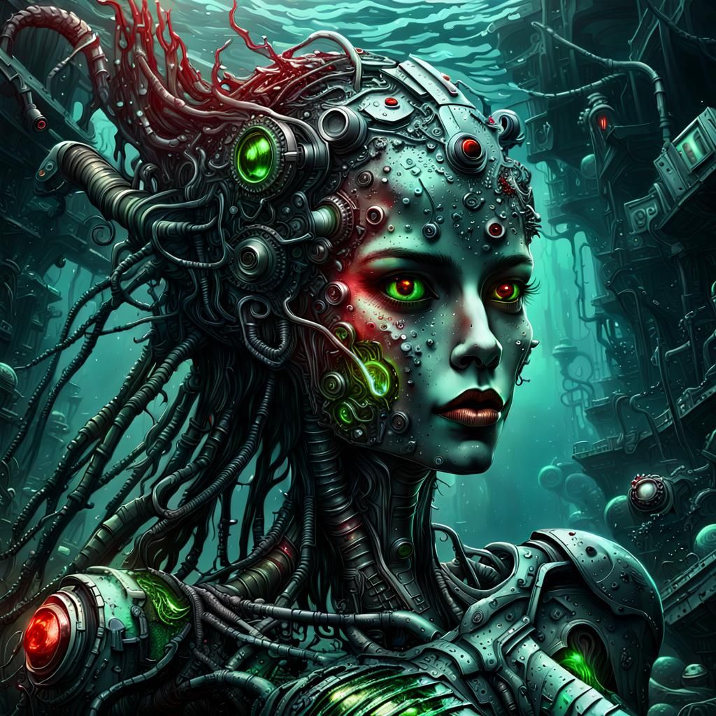 Cyborg Mermaid Surfaces in Polluted Ocean: Dark Surrealism