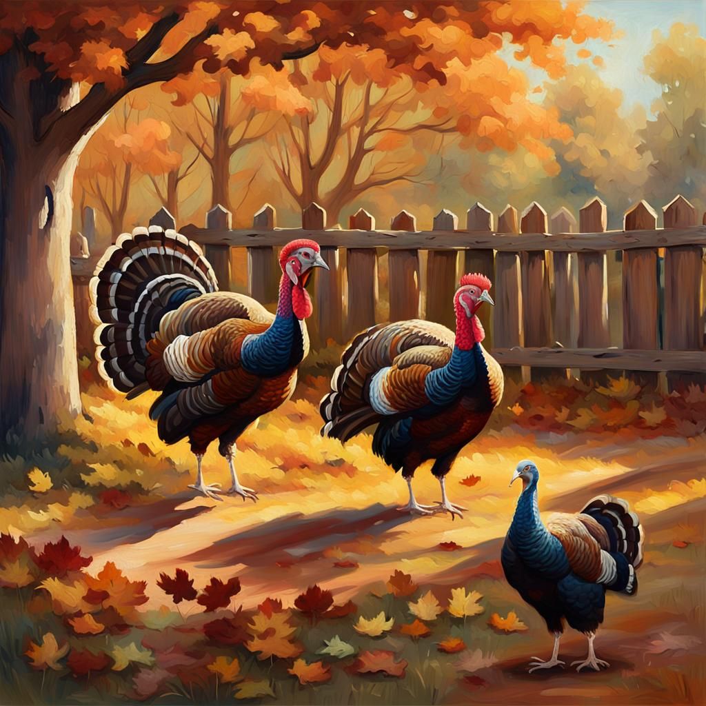 Turkeys in Backyard as Vibrant Oil Painting