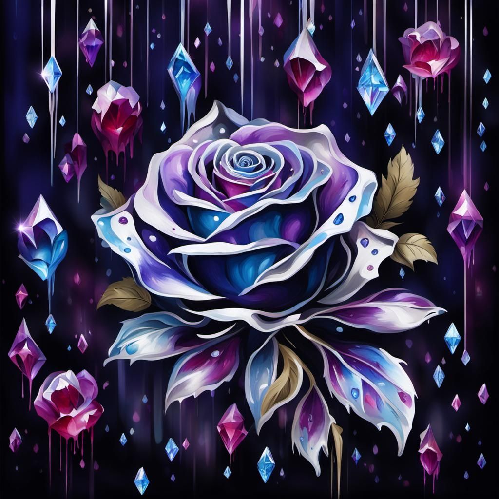 Crystal rose, dripping blue and purple paint, floating diamo...
