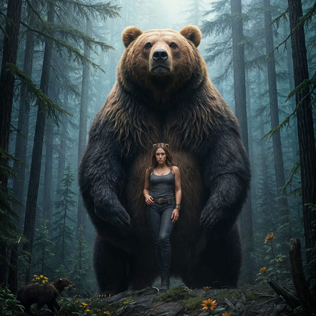 Hyperrealistic Grizzly Protecting Female Figure