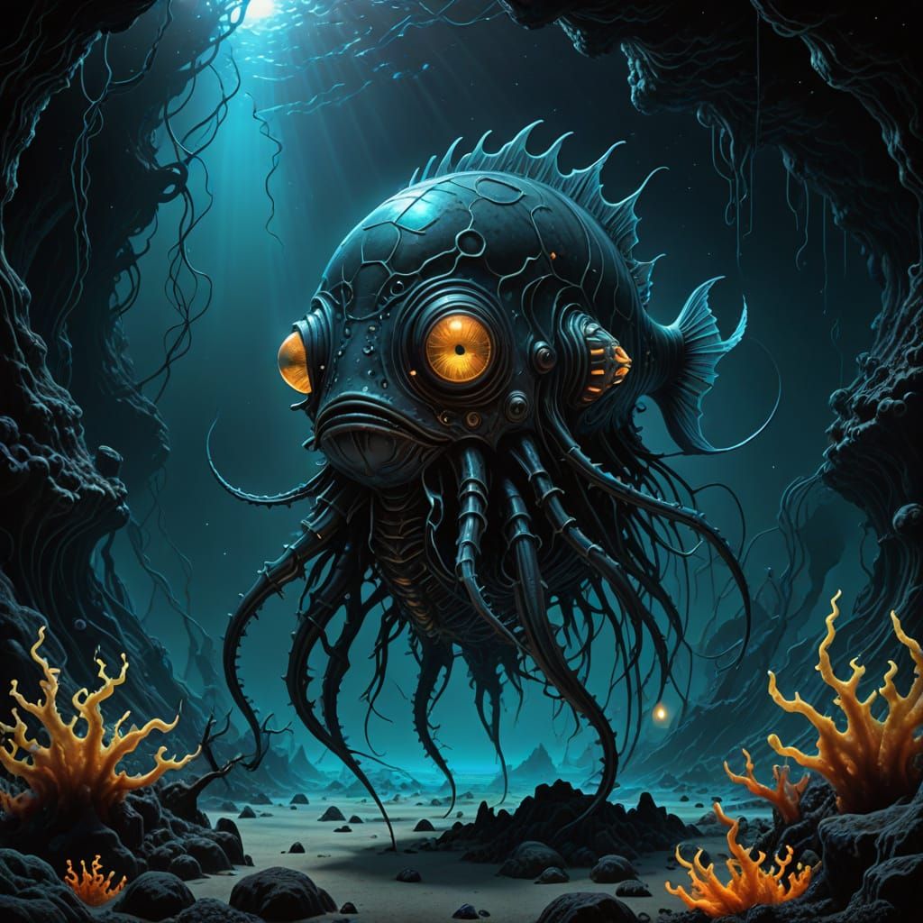 Bioluminescent Anglerfish in an Alien Ocean: Cosmic Horror