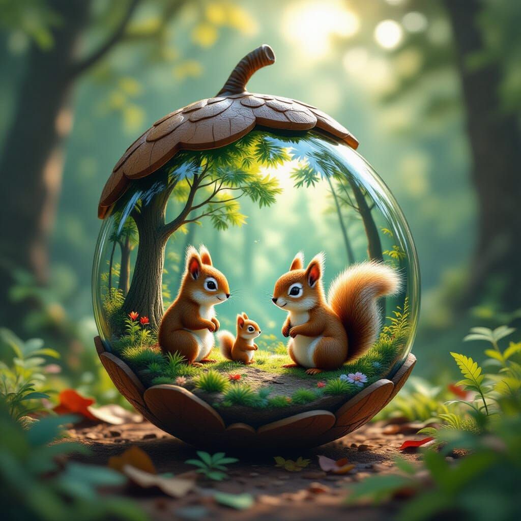 Glass Acorn with Forest and Squirrel Family