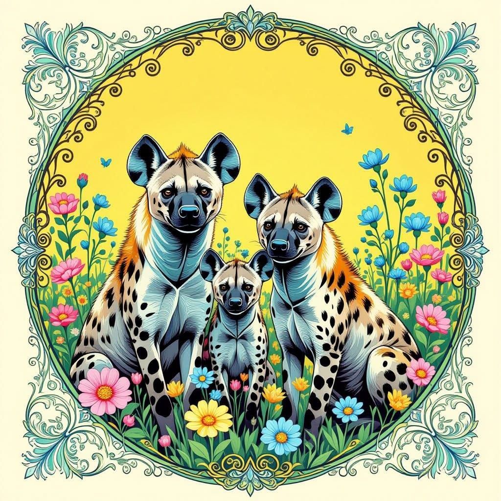 Hyena Family Portrait in Pastel Garden Splash Art
