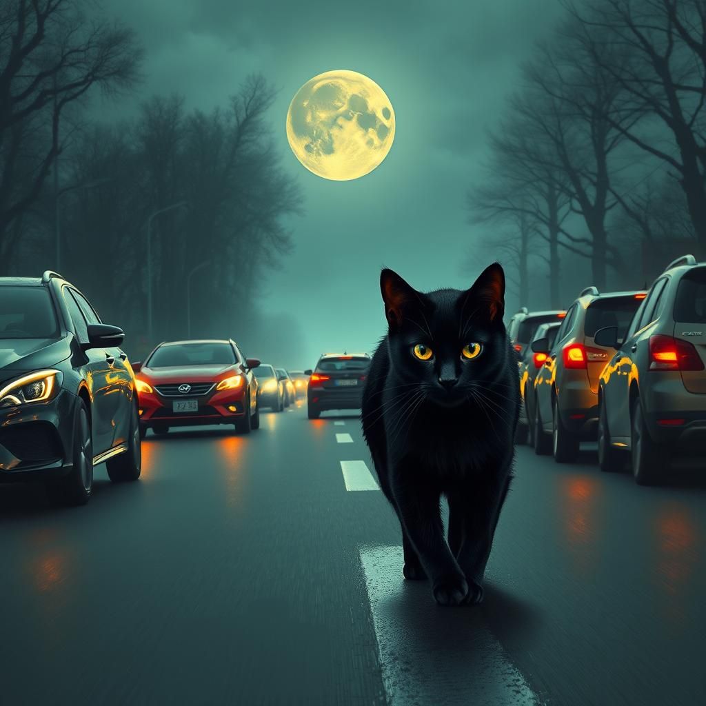 Black Cat Crossing Street in Dark Fantasy Style