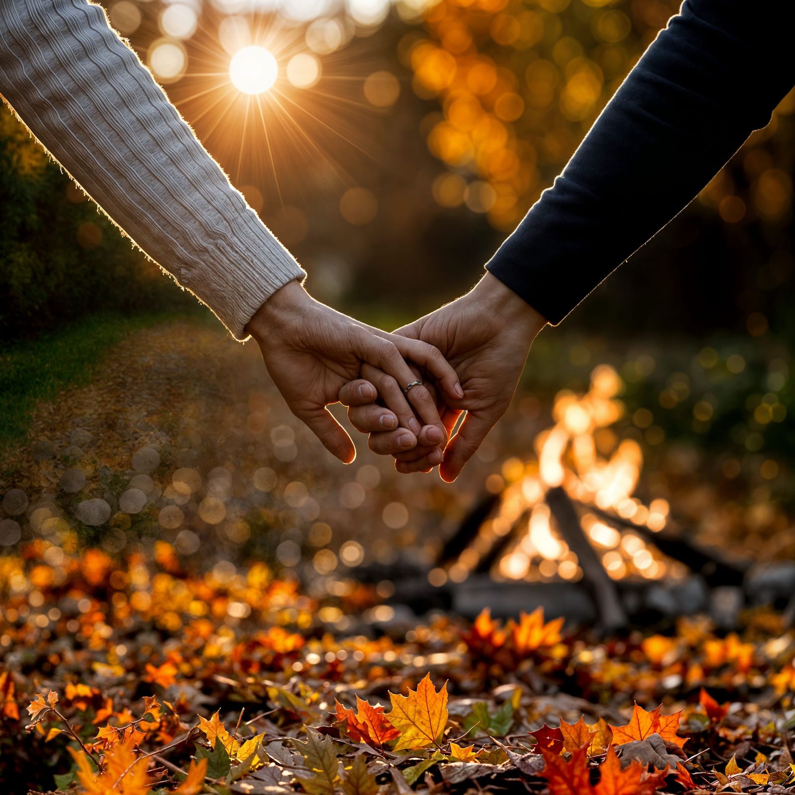Autumnal Hands Entwined at Bonfire