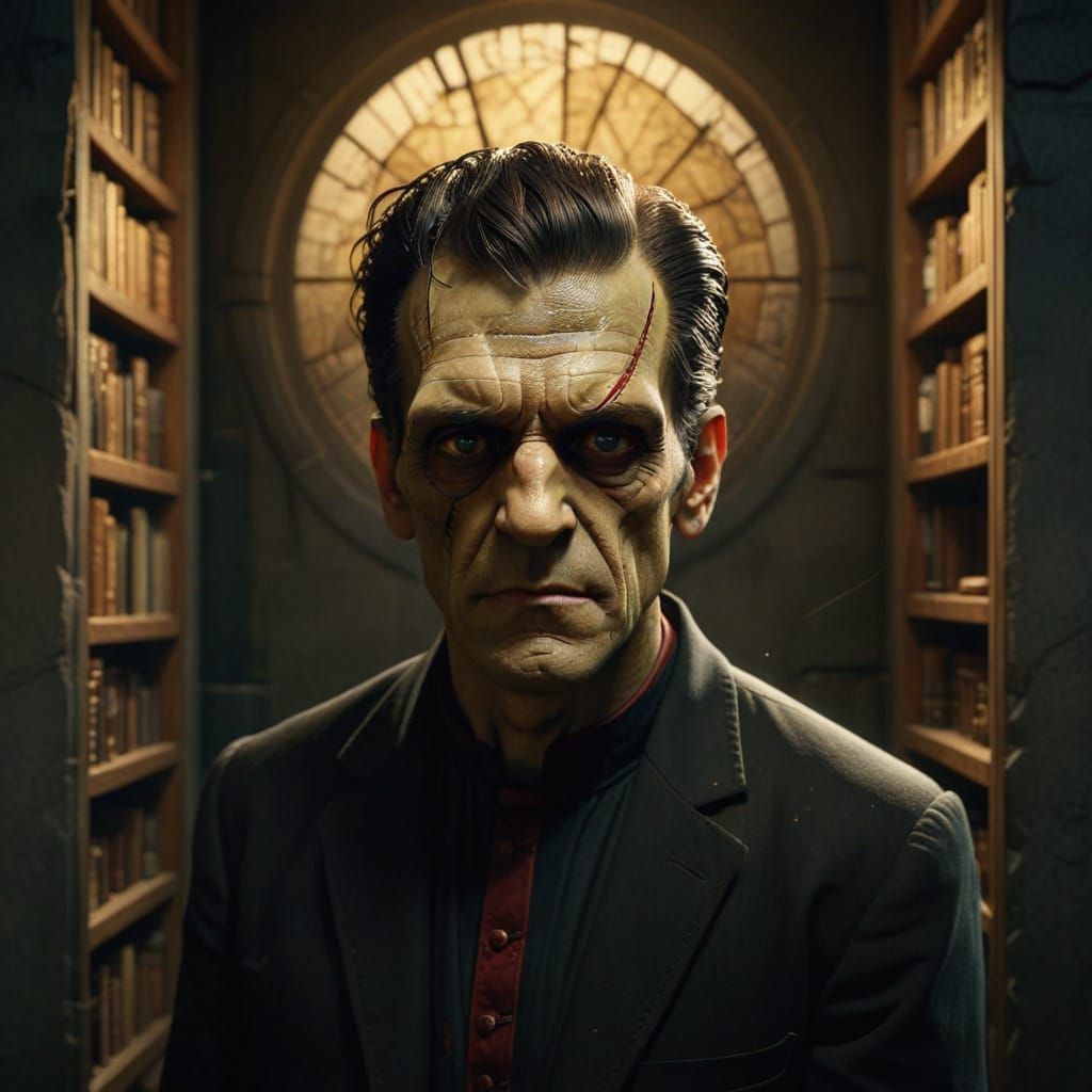 Frankenstein as Priest in a Golden Lit Temple