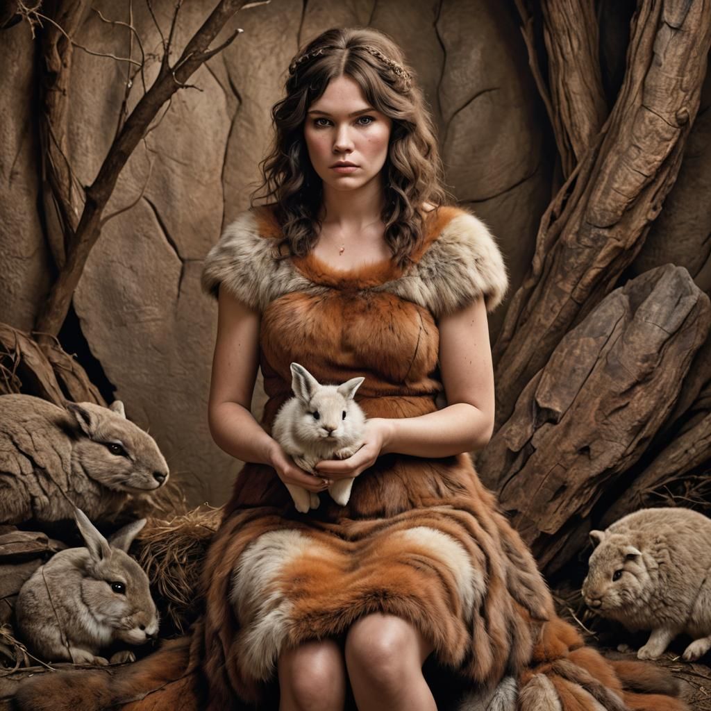 Chubby Cavewoman with Bunny: Hyperrealistic Image