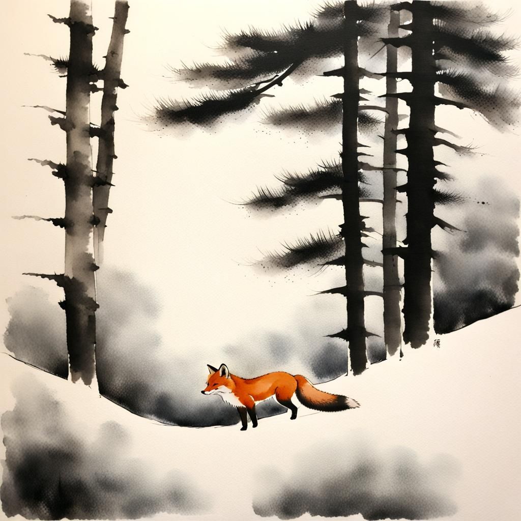 Fox in Snow: Sumi-e Ink Wash Painting