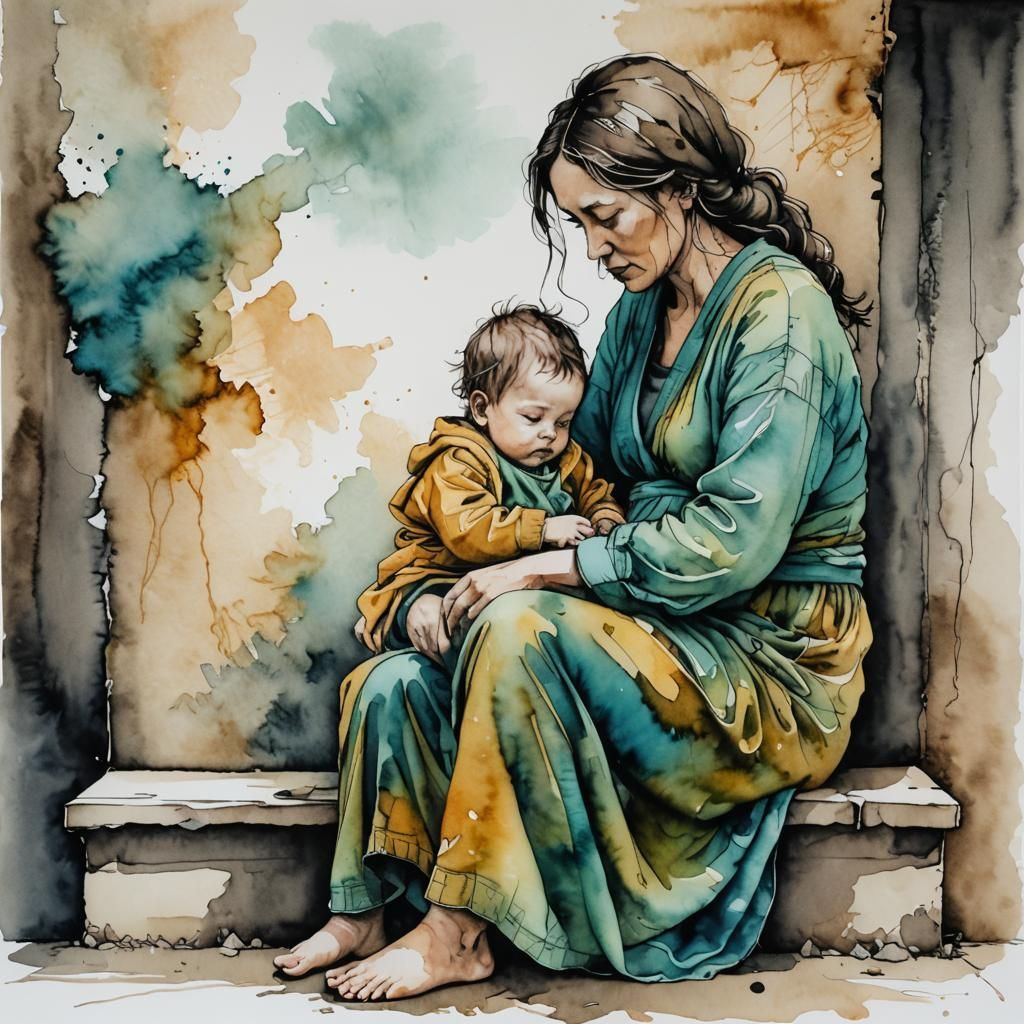 Minimalist Watercolor of Destitute Mother and Baby