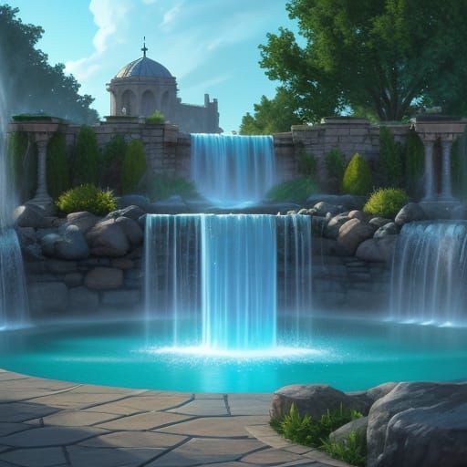 Hyperrealistic Fountains Flowing with Colorful Mist