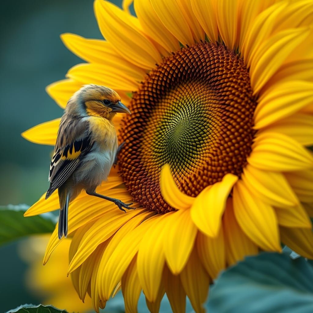 Golden Finch Amidst Sunflower Blooms in Warm, Golden Light