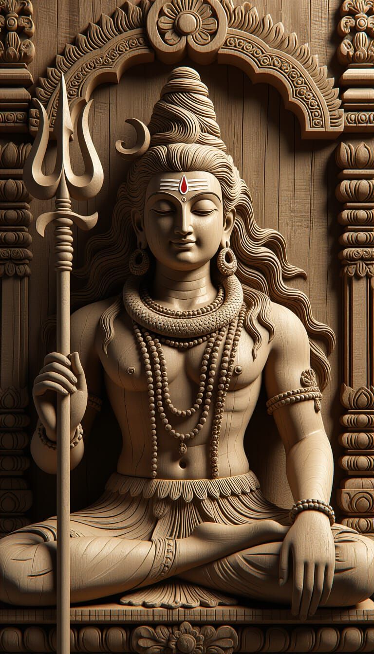 Meditative Lord Shiva Sandalwood Carving in Hyperrealism Sty...