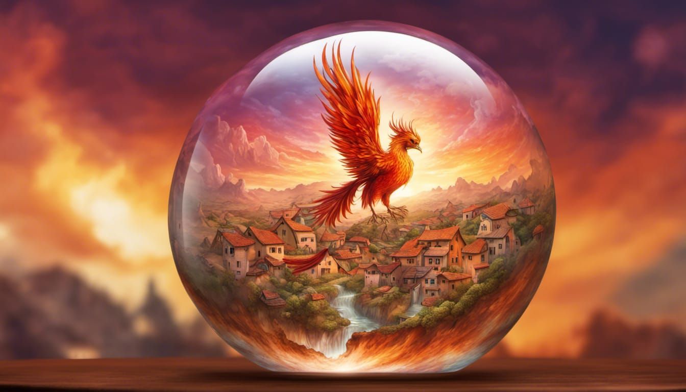 Mythical phoenix looking a lively magical village