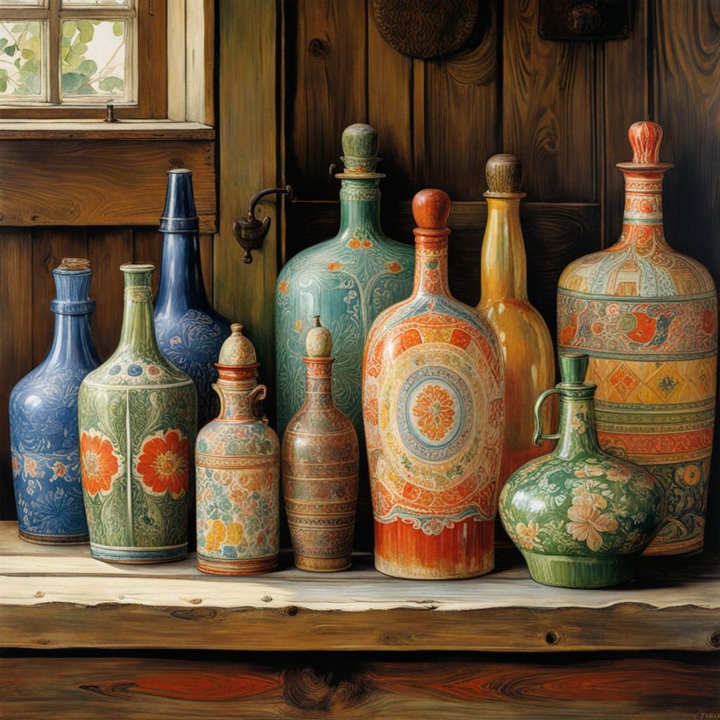 Colorful Bottles on Rustic Table, Hyperdetailed