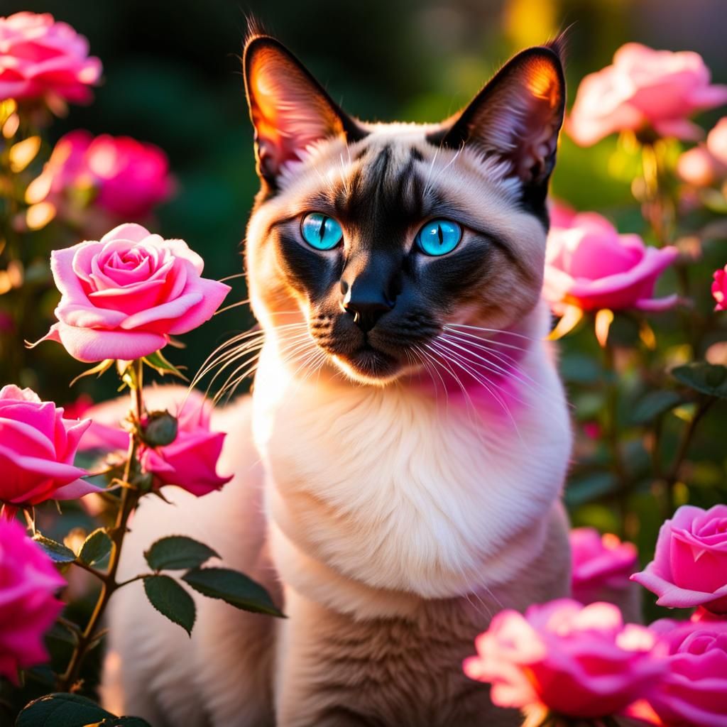 Siamese Cat in Rose Garden at Sunset