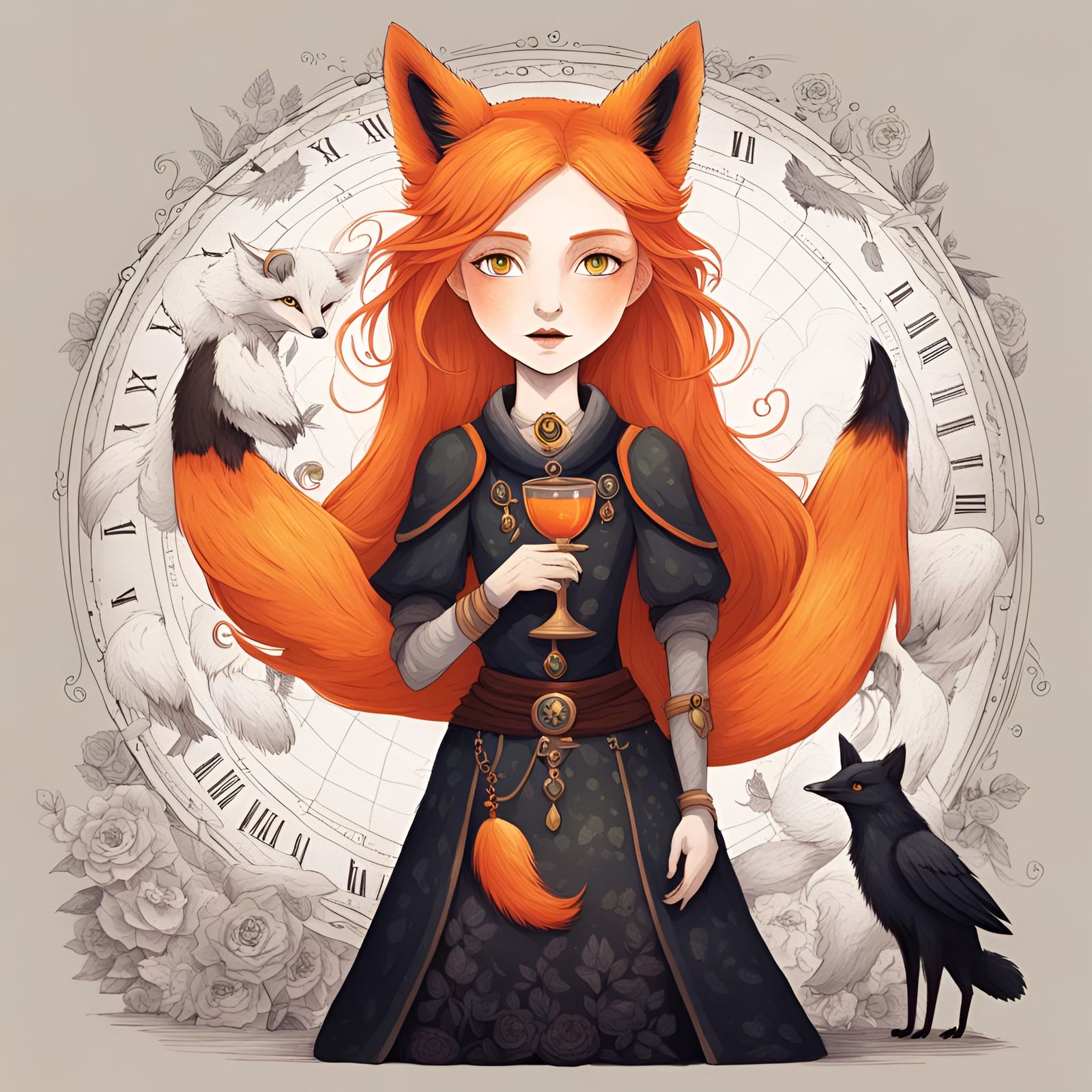 Fox-Woman with Raven in Hollow Knight Style