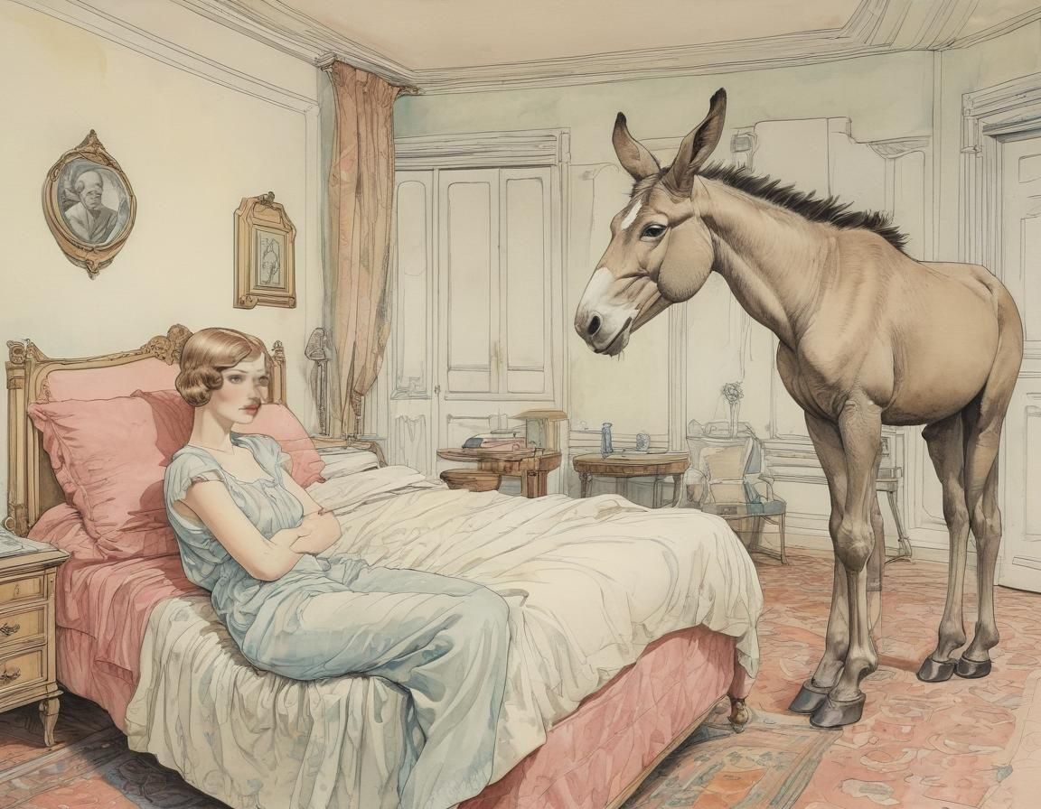 sleeping room with mysterious lady and a donkey staring at her