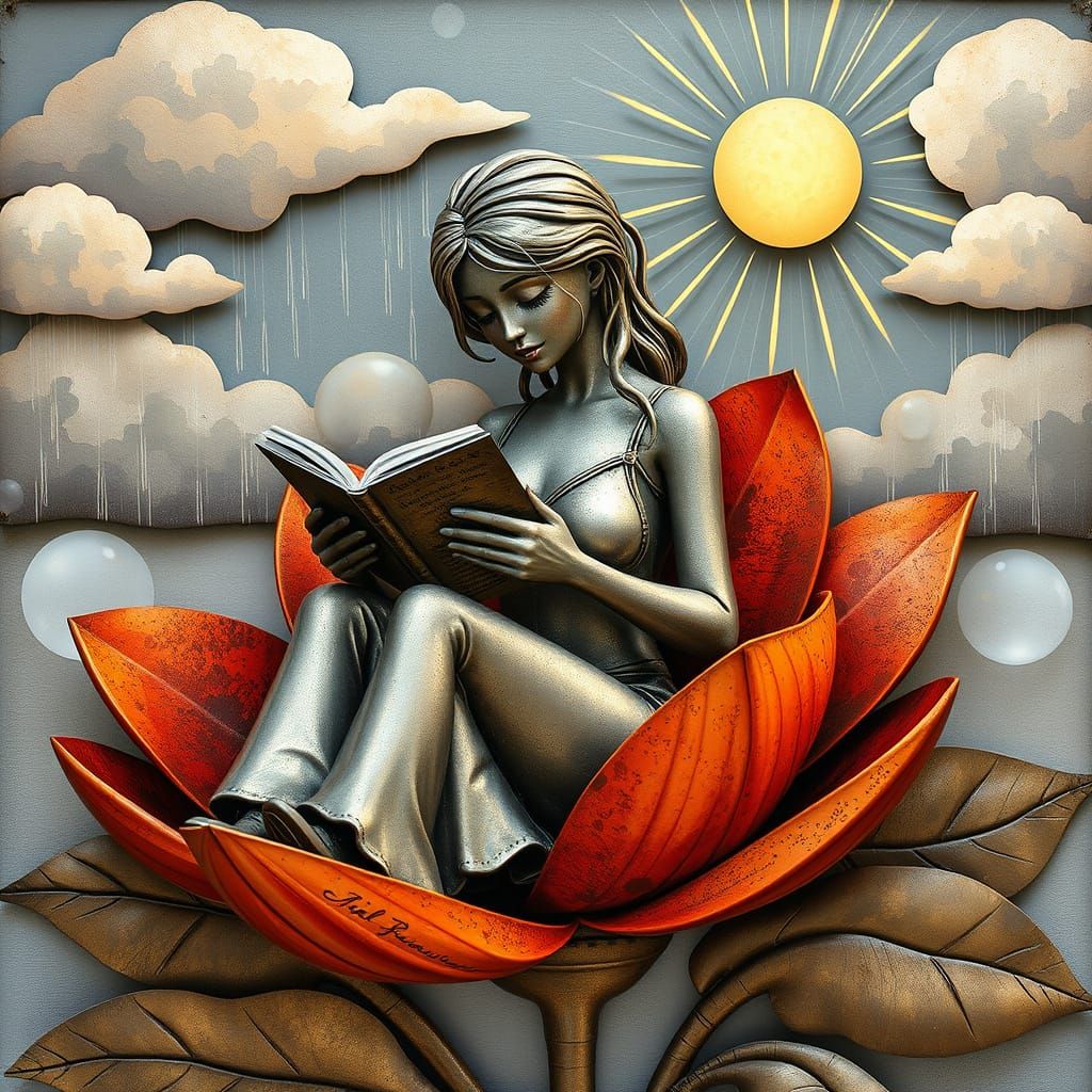 Metal Art: Woman Reading in Flower